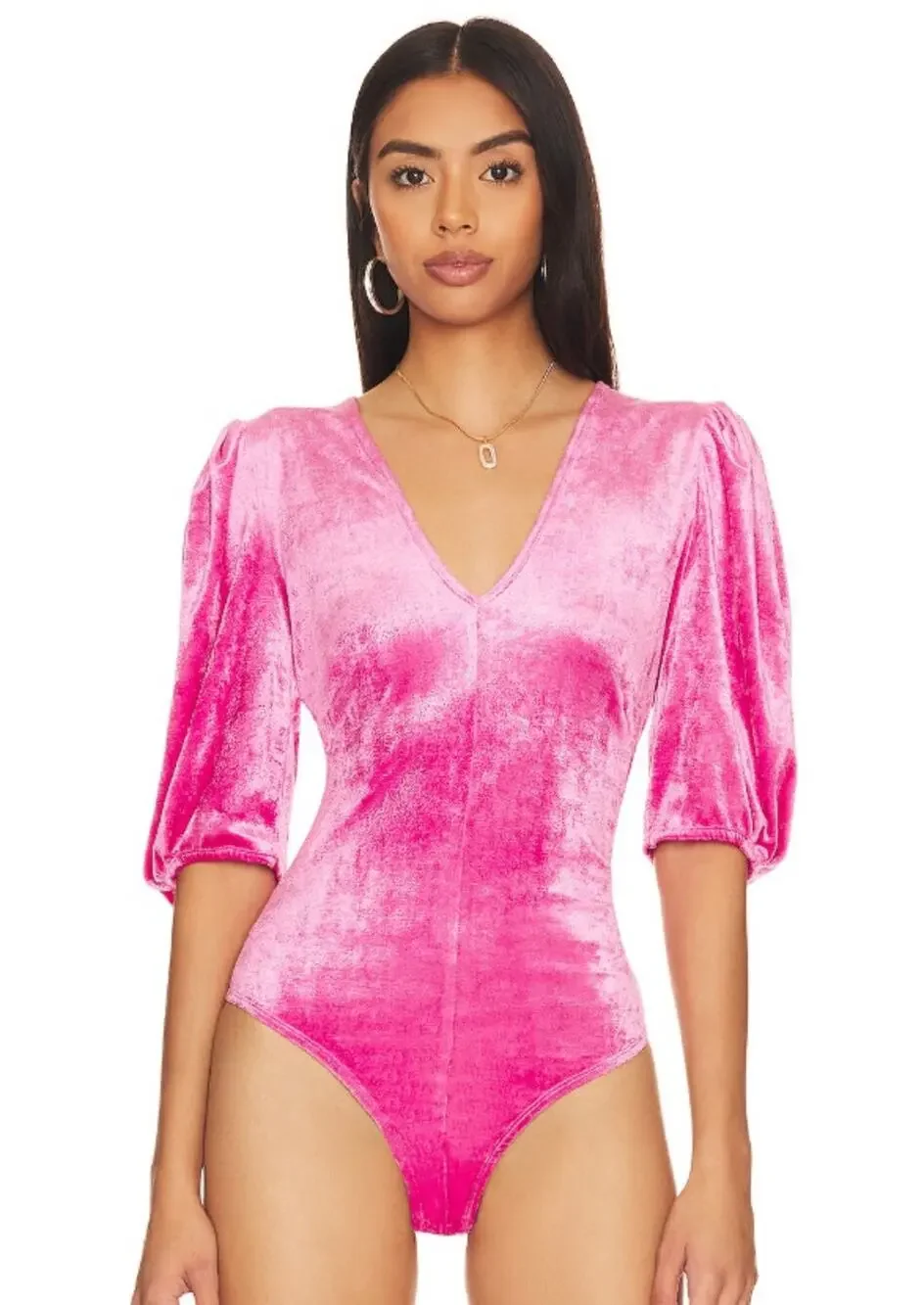 Free People Intimately Don't You Wish Pink Crushed Velvet Puff Sleeve Bodysuit - Picture 1 of 11
